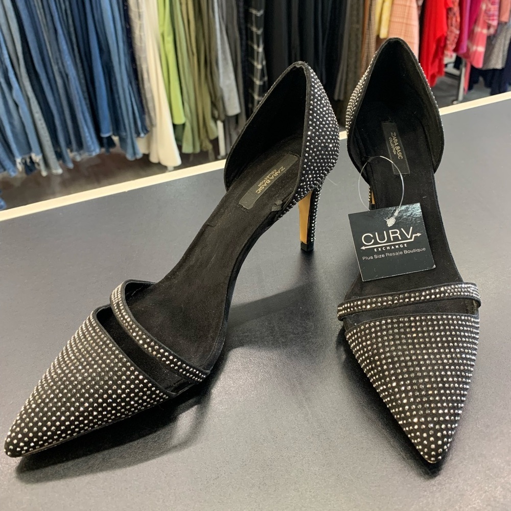 Zara Black Pointed D'Orsay Heels with Silver Stud Detail